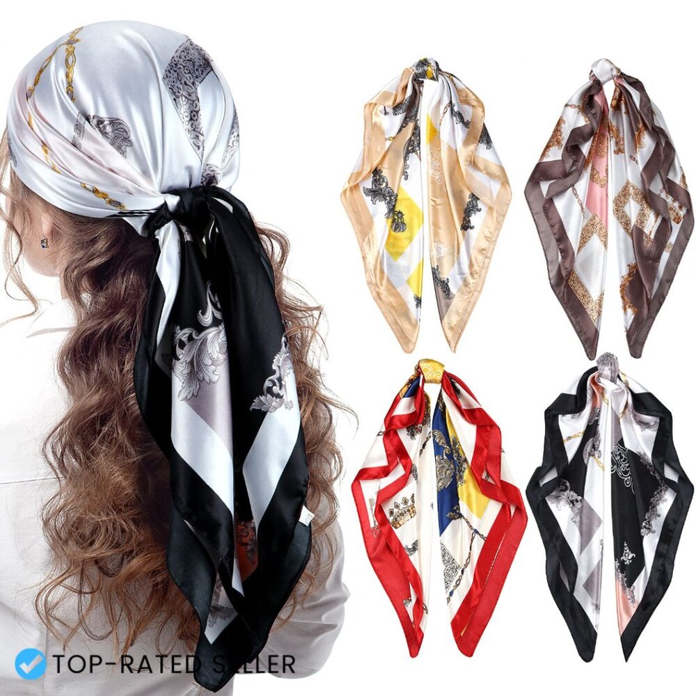 Satin Square Head Scarf Set Elegant Retro Boho Hair Accessory Large Size